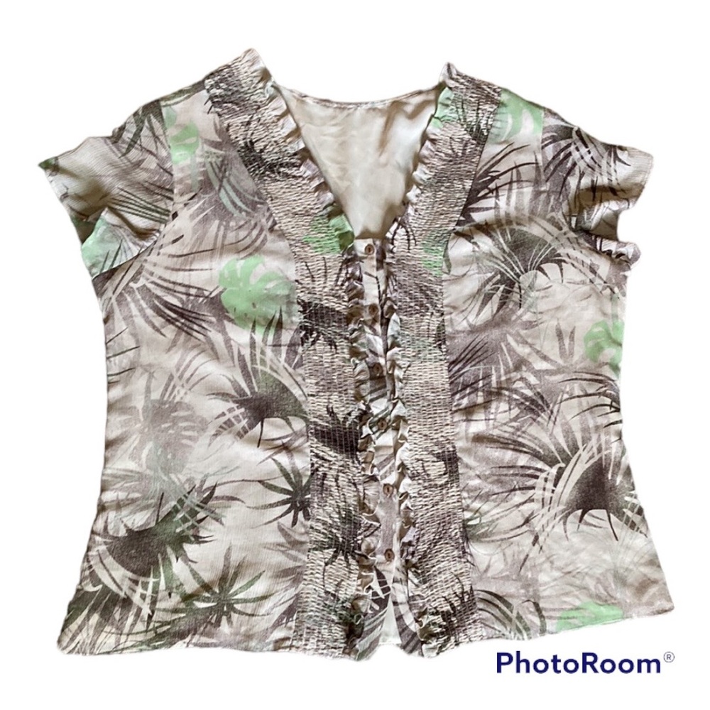Short sleeve button down ruffle top Shirred vneck tropical palm tan & green XL